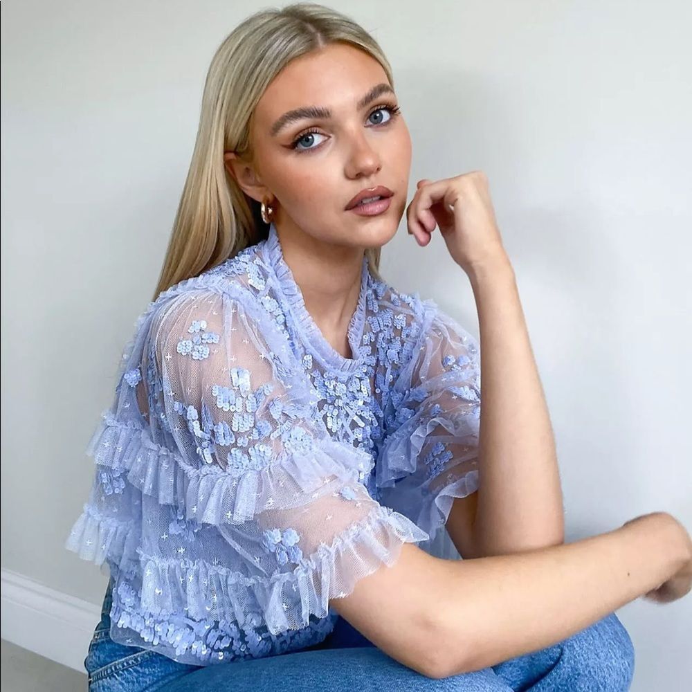 Needle & Thread Aurelia Embellished Top in Dusty Blue